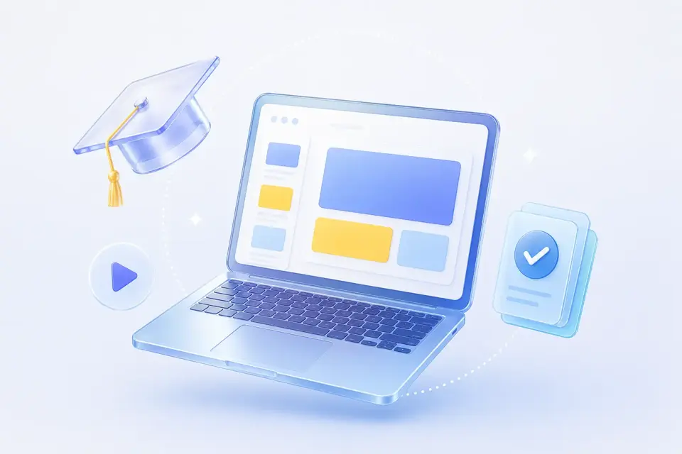Illustration of a laptop with training slides, a graduation cap, and a play button