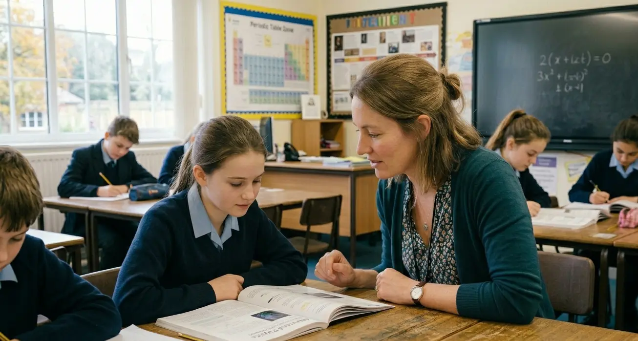 A teacher working with students on their essays in a classroom