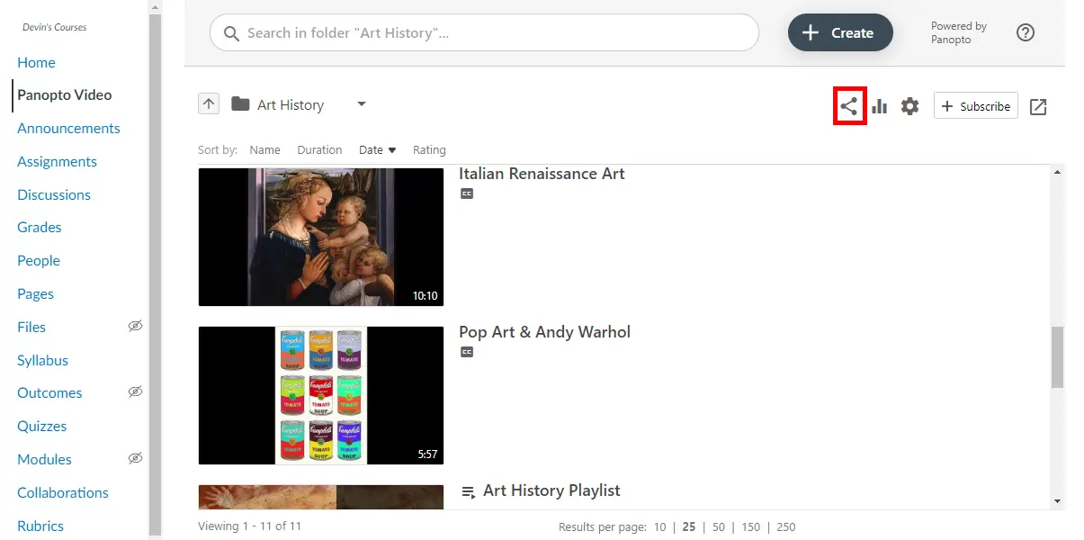 Panopto video library inside a Canvas course