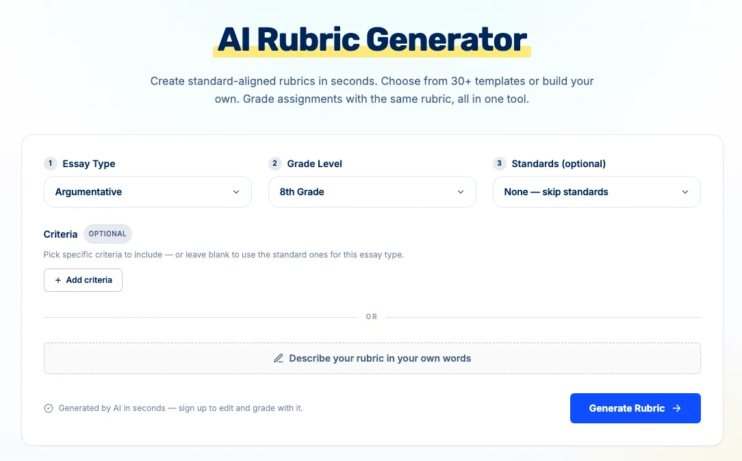 The CoGrader AI rubric generator drafting a rubric from an assignment description