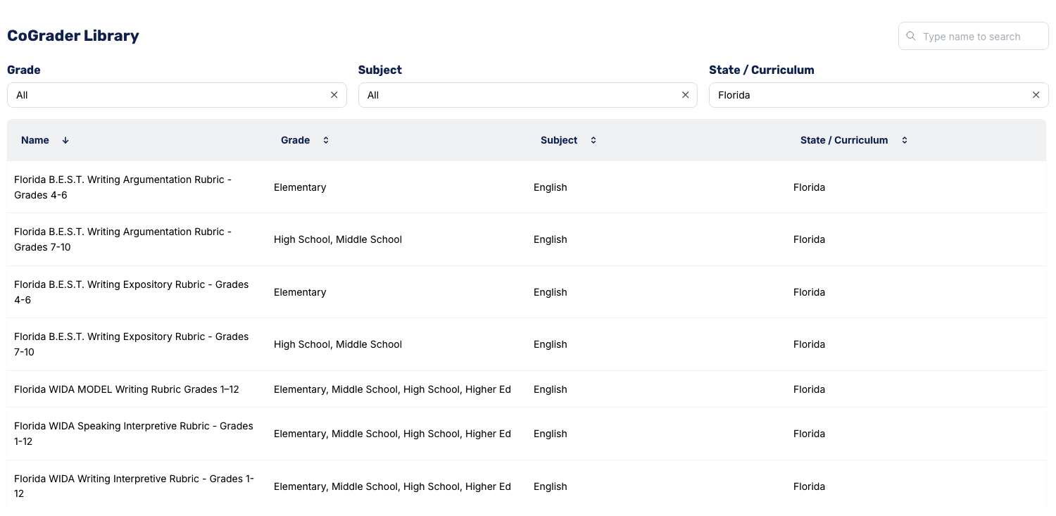 CoGrader Library: Grade, Subject, State