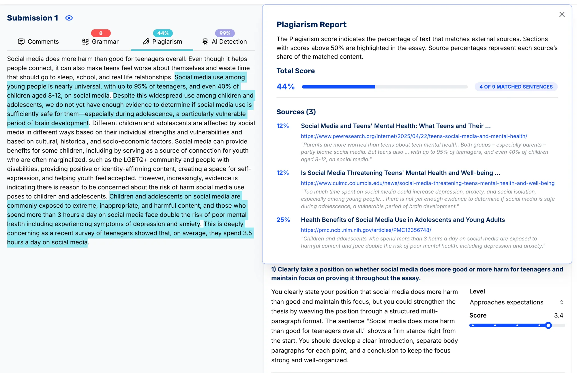 CoGrader plagiarism report with matched sources across grammar, plagiarism, and AI detection