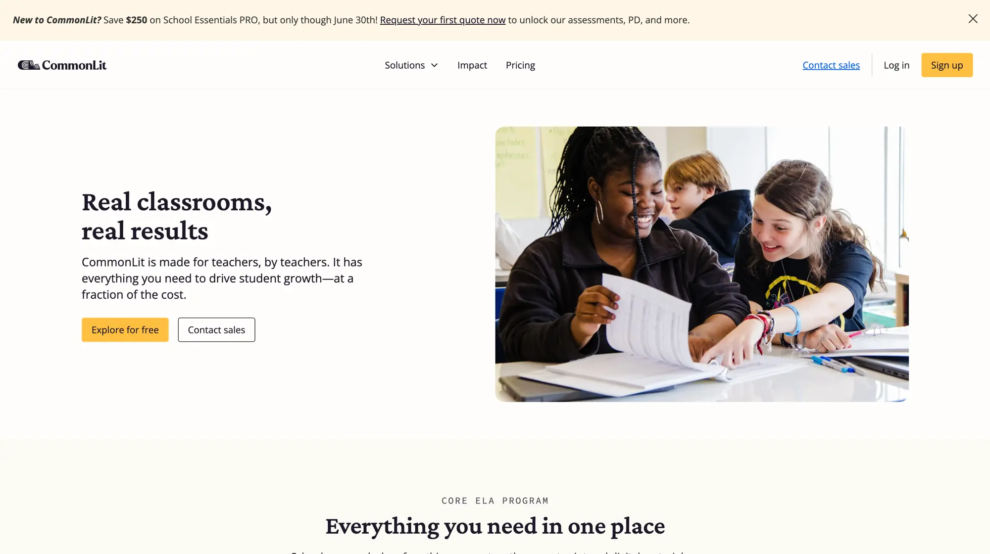 CommonLit homepage for ELA reading and assessment