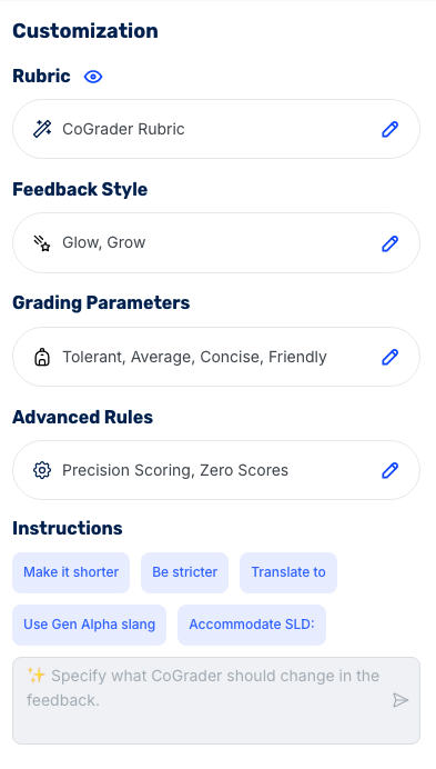 Customization: Rubric, Feedback Style, Grading Parameters and Instructions