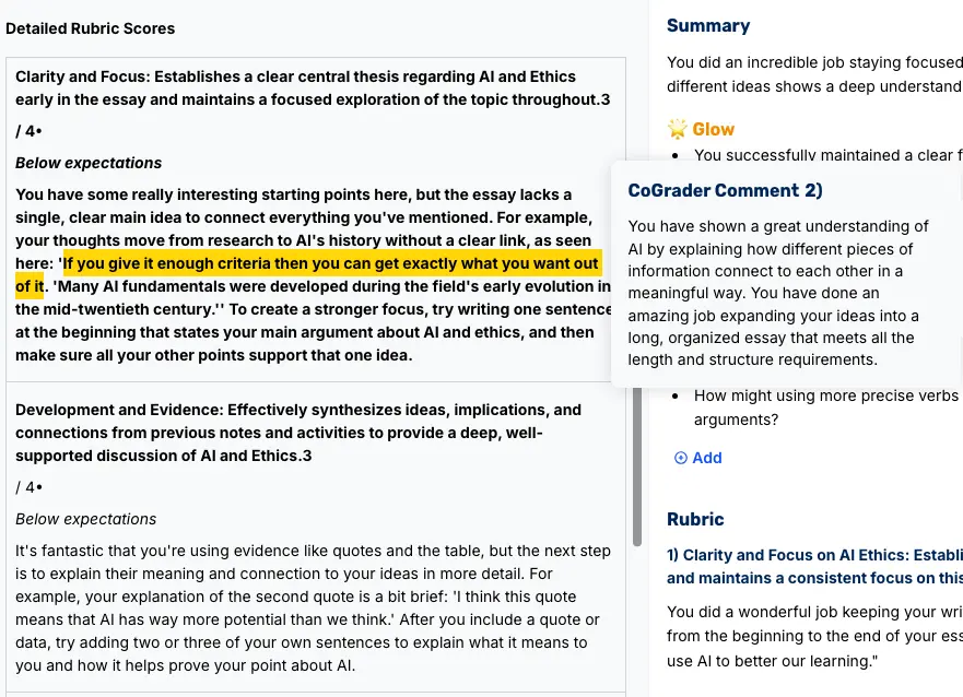 Detailed rubric scores with passage-specific comments