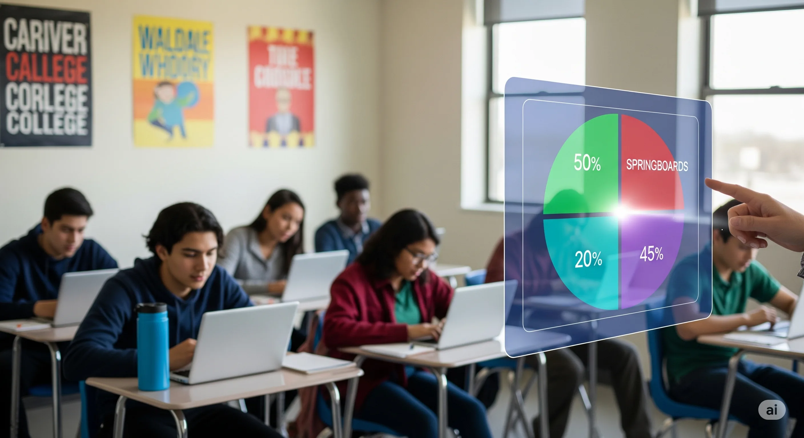  An educational data dashboard showing student growth and achievement. The top section is a table with columns for "Achievement Status" and "Growth" in Fall 2015 and Winter 2016 for a student named "Name" in Grade 5. Key metrics include RIT Range, Percentile, Projected Growth, Observed Growth, and a "Comparative Conditional Growth Percentile." The conditional growth percentiles are highlighted in red boxes for Winter 2016 as 84, 80, and 56.  The main part of the image is a four-quadrant chart, labeled "[+] High Achievement / High Growth" at the top right and "[–] Low Achievement / Low Growth" at the bottom left. The quadrants are:  Top-left (beige): "Rerouters" ([–] Low Achievement / High Growth)  Top-right (light green): "Accelerators" ([+] High Achievement / High Growth)  Bottom-left (light pink): "Springboards" ([–] Low Achievement / Low Growth)  Bottom-right (light yellow): "Cruisers" ([+] High Achievement / Low Growth)  Each quadrant contains several data points represented by small rectangles and diamonds, with some red and black indicators. A vertical axis on the right is labeled "Conditional Growth Percentile" from 0 to 100. A horizontal axis at the bottom is labeled "Achievement Percentile" from 0 to 100.  To the right of the chart, there are filter options:  "Show student names" (checked)  "Show quadrant colors" (checked)  "Subjects shown": Mathematics (blue plus sign), Reading (red diamond), Language Usage (purple asterisk)  "Genders shown": Male (checked), Female (checked)  "Ethnicities shown": White (checked)  "Point shape by": Subject, Gender, Ethnicity (Subject is selected).