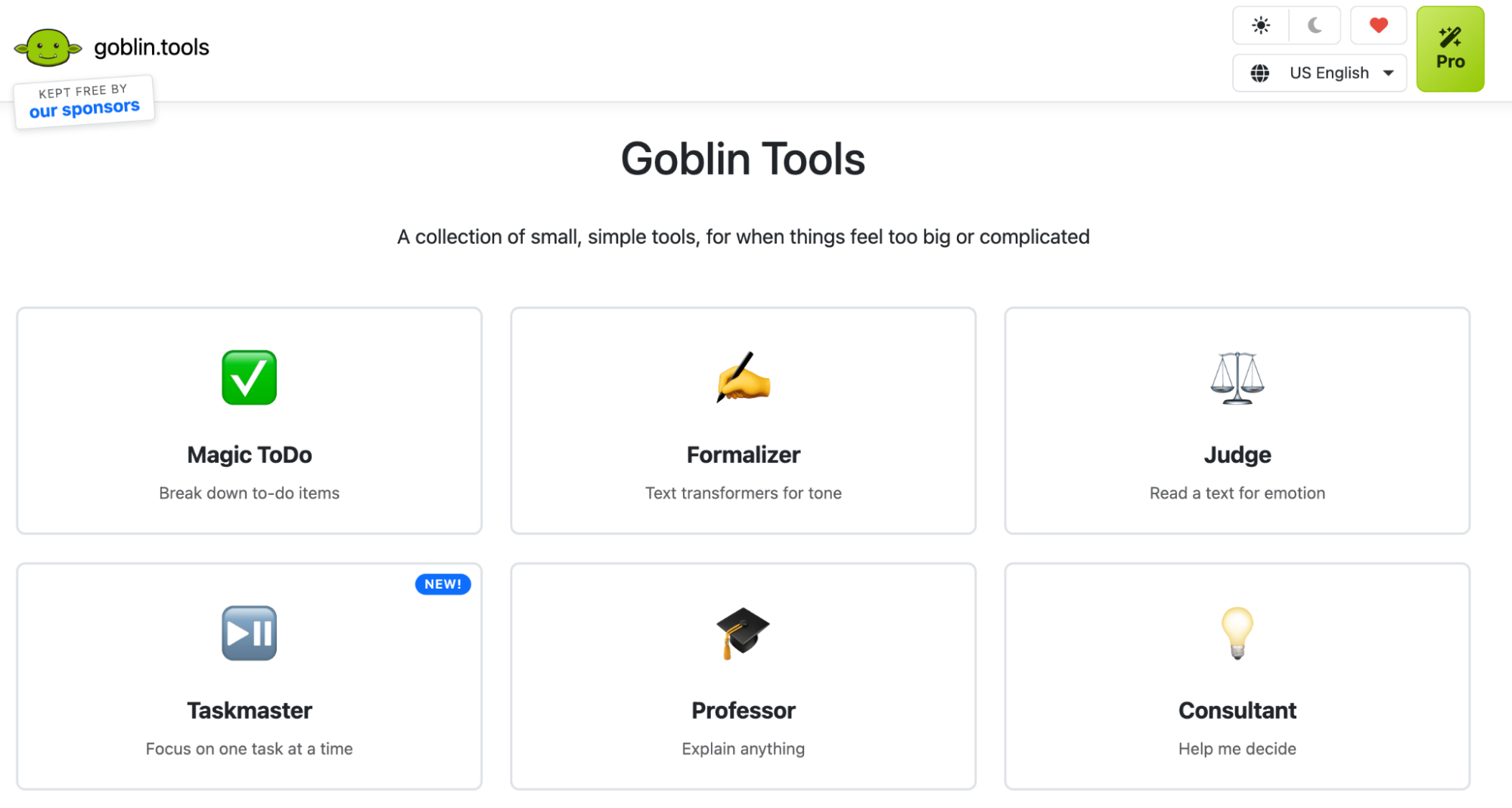 Goblin Tools homepage: A collection of small, simple tools