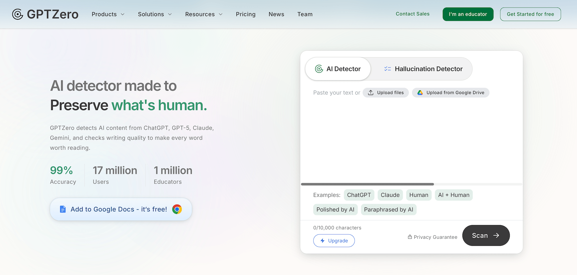 GPTZero homepage: AI detector made to Preserve what's human