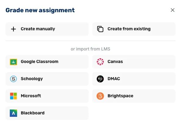 Grade a new assignment: create manually or import from your LMS