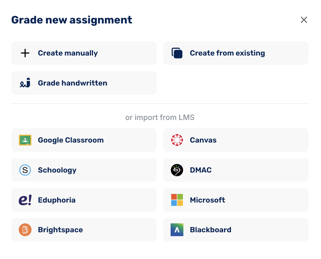 Grade New Assignment: Create manually, Create from existing, Grade handwritten