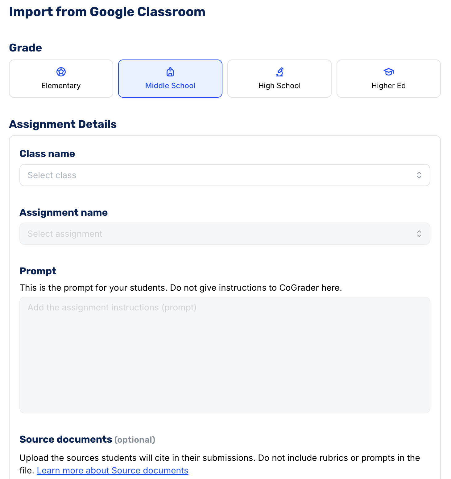 Import from Google Classroom: Middle School Assignment Details