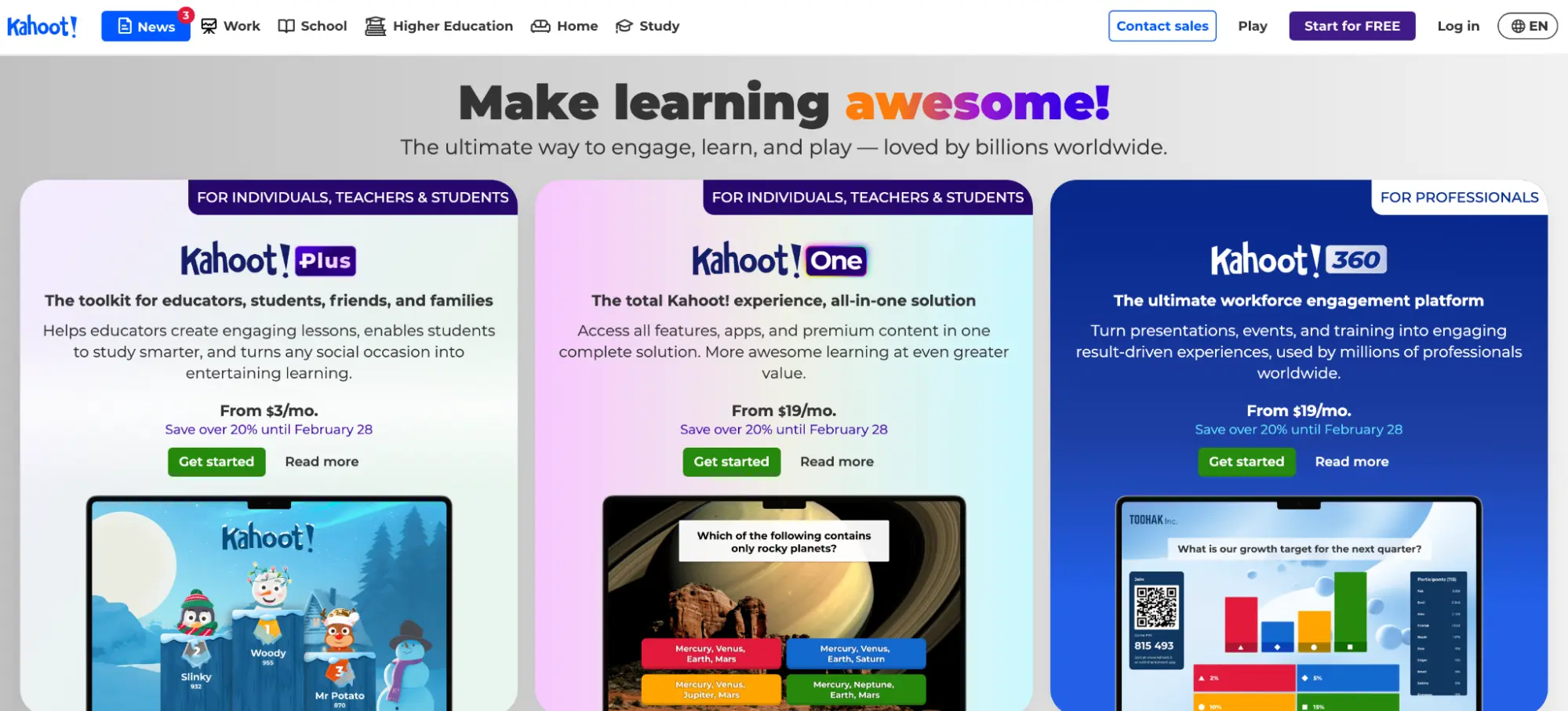 Kahoot! homepage: Make learning awesome