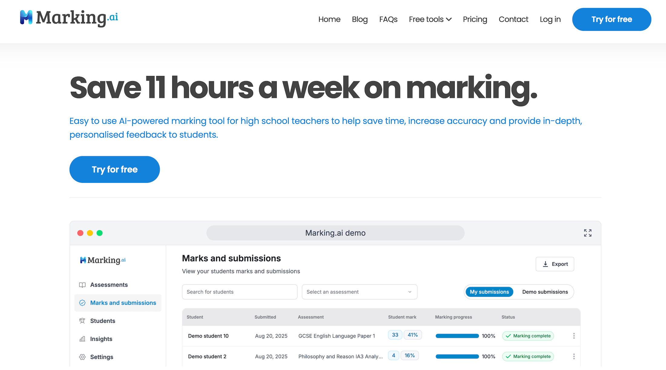Marking AI homepage: Save 11 hours a week on marking