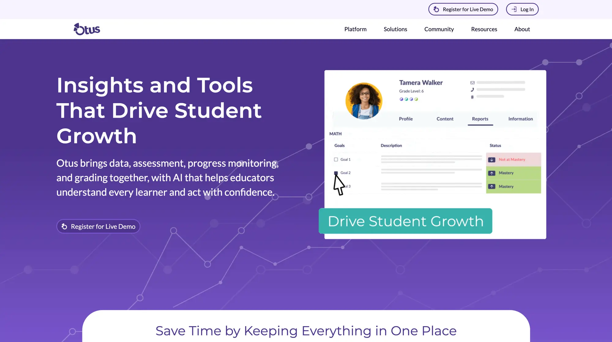 Otus dashboard showing student growth insights and mastery reports