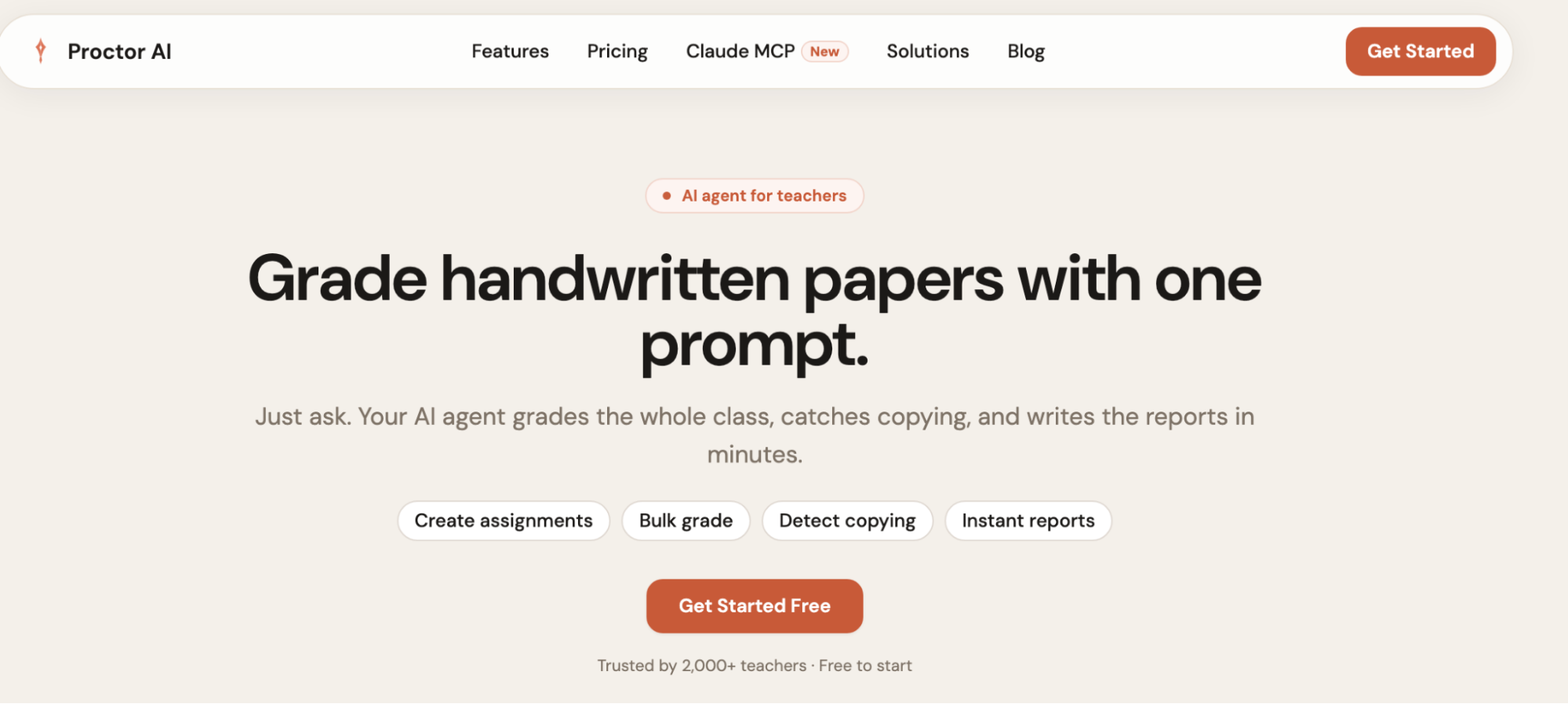Proctor AI homepage: Grade handwritten papers with one prompt