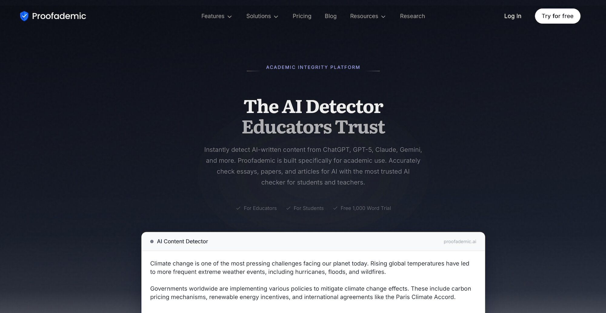 Proofademic homepage: The AI Detector Educators Trust