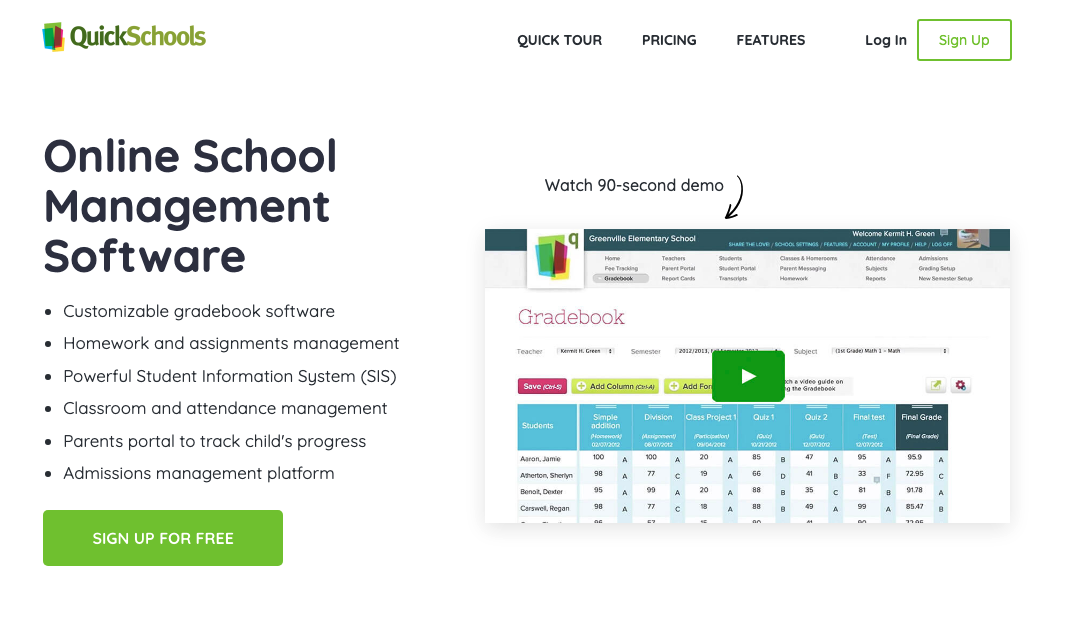QuickSchools homepage: Online School Management Software