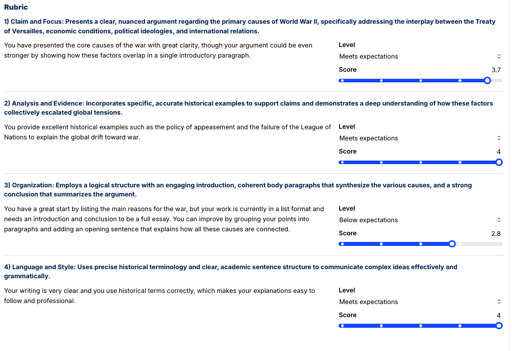 Rubric: Claim and Focus, Analysis and Evidence, Organization, Language and Style