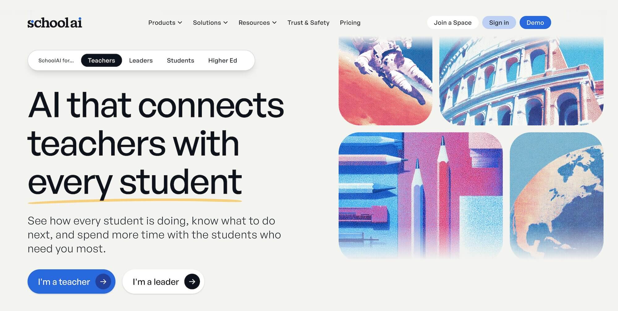 SchoolAI homepage: AI that connects teachers with every student