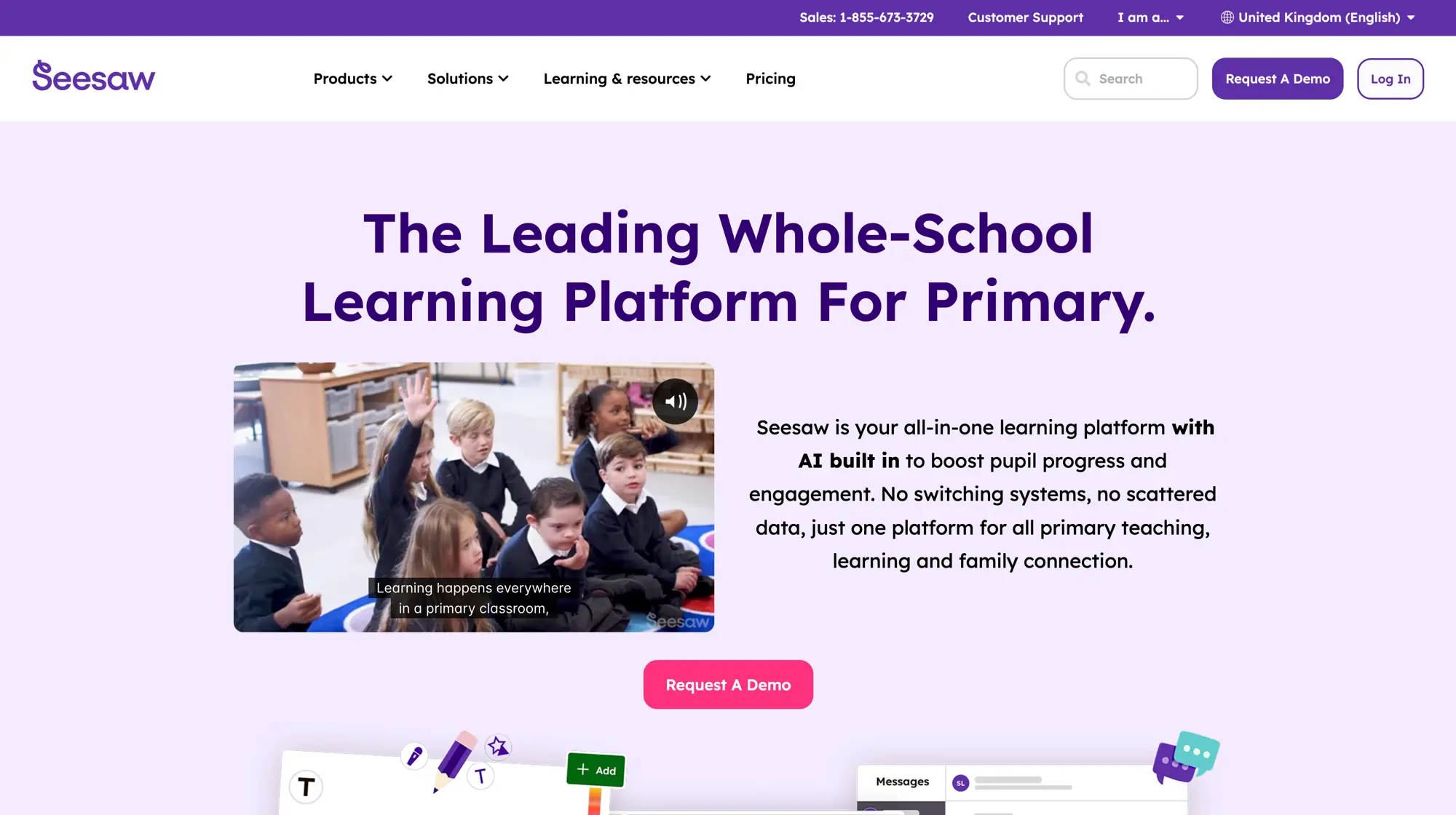 Seesaw whole-school learning platform homepage for primary grades
