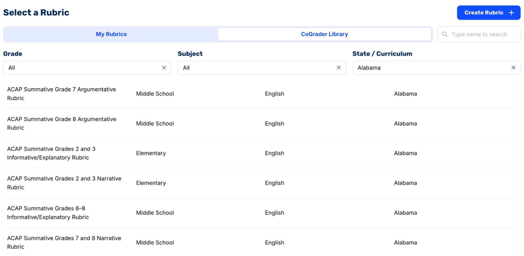 Select a Rubric: CoGrader Library