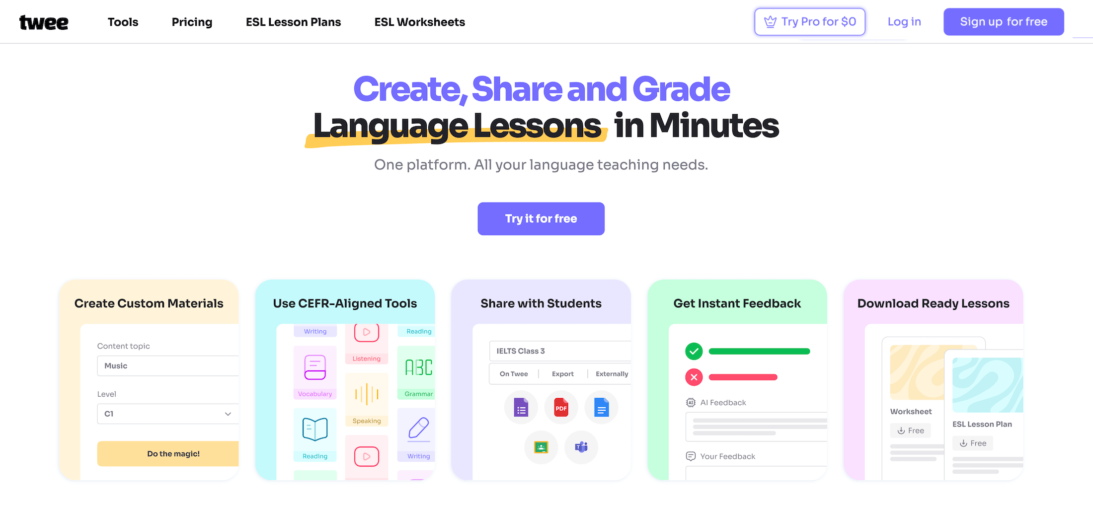 Twee homepage: Create, Share, and Grade Language Lessons in Minutes
