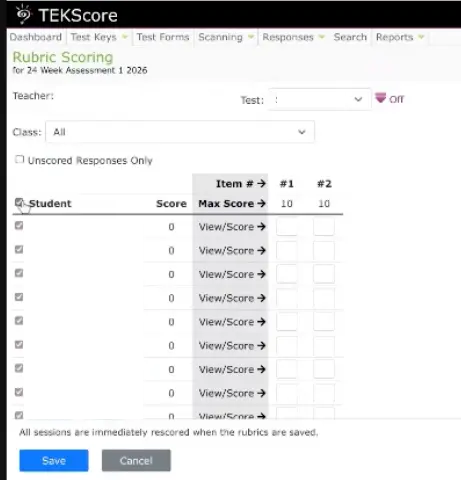 DMAC Rubric Scoring screen showing the student list with View/Score links and the Print button in the top right