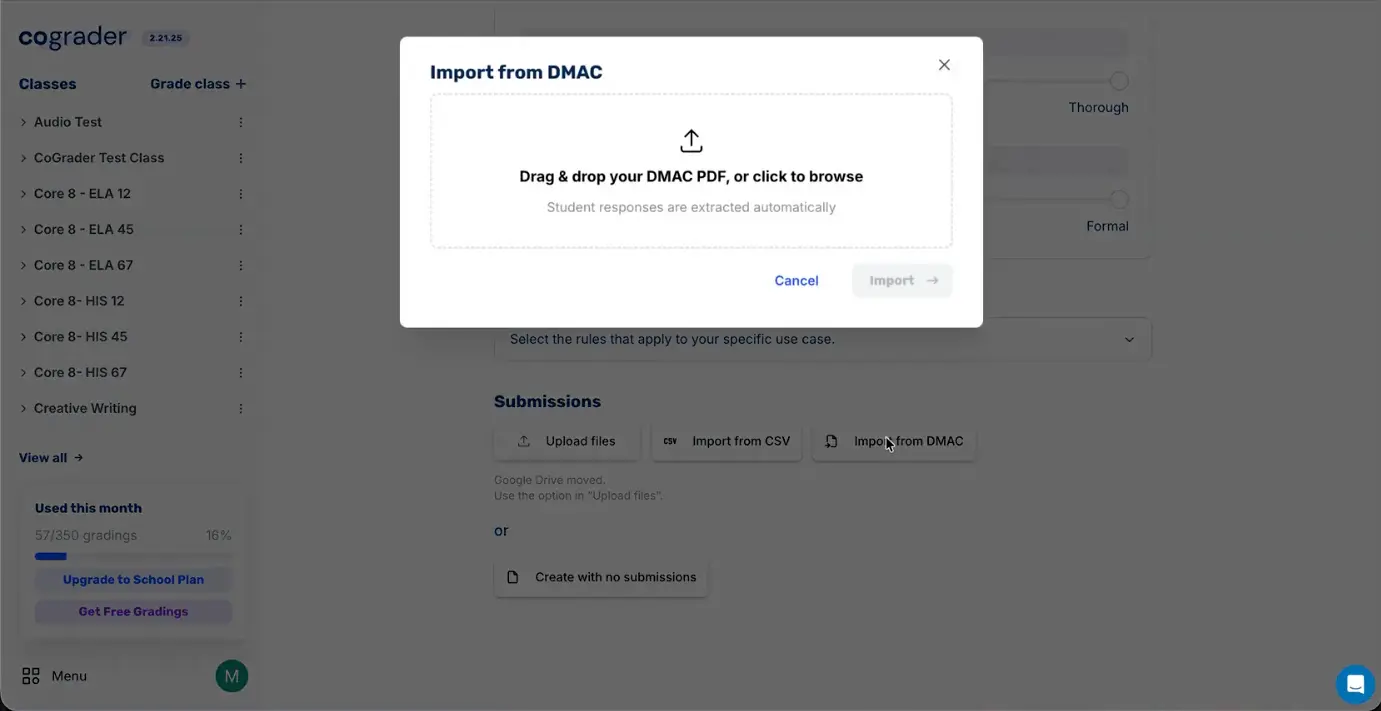 CoGrader Import from DMAC upload screen with a drop-zone for the DMAC PDF