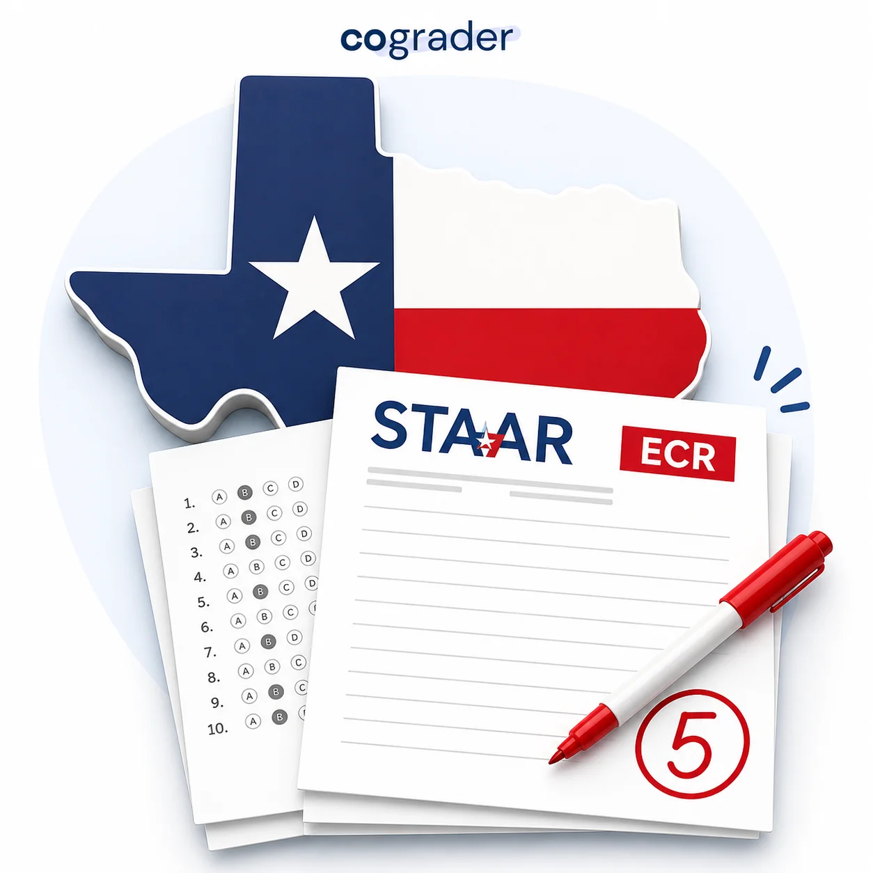 STAAR ECR scoring illustration with Texas state shape, ECR rubric paper, and a scored 5