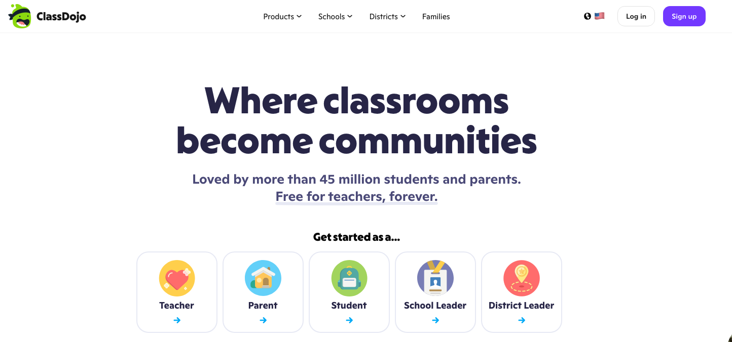 ClassDojo homepage: Where classrooms become communities