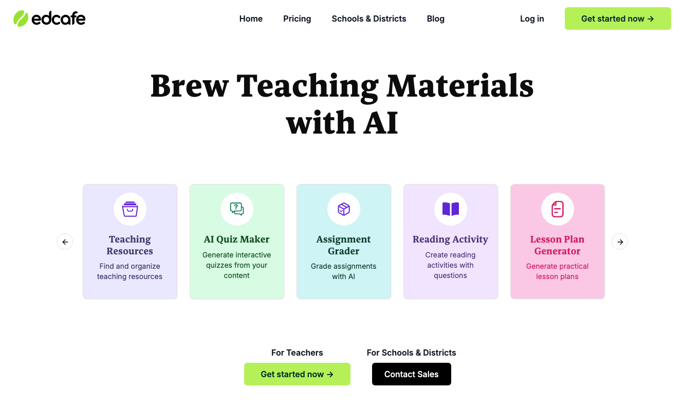 Edcafe homepage: Brew Teaching Materials with AI